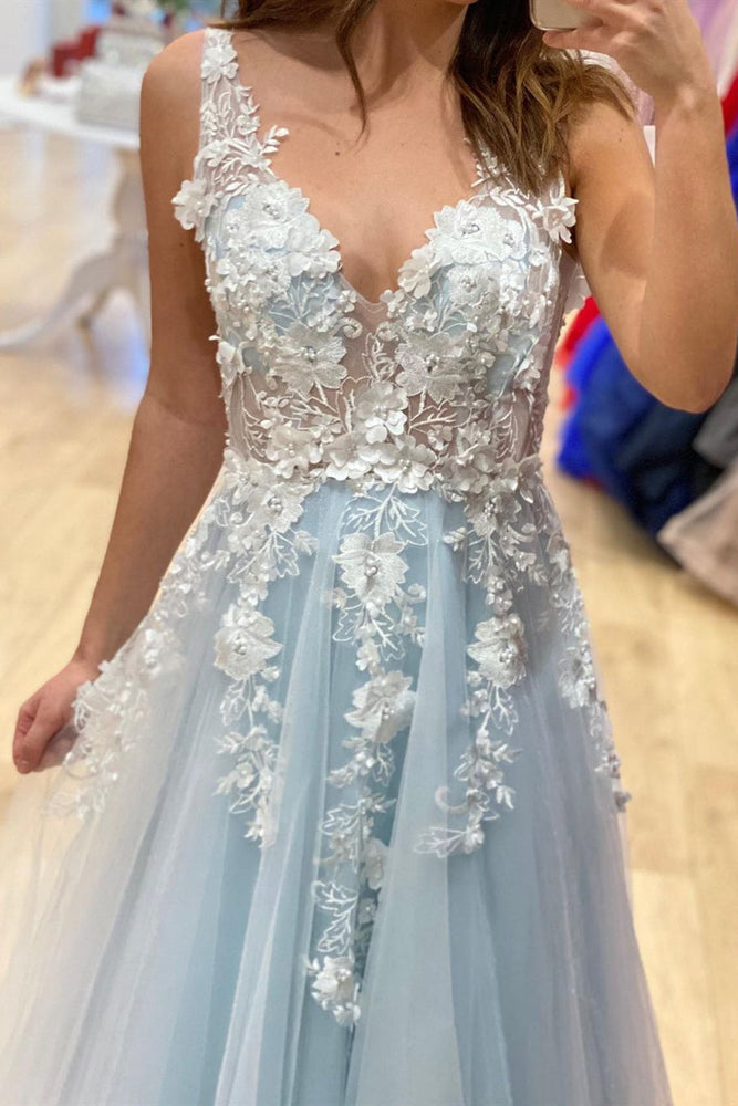 
                      
                        A Line V Neck Light Blue Lace Floral Long Prom Dresses, 3D Flowers Light Blue Lace Formal Evening Dresses
                      
                    