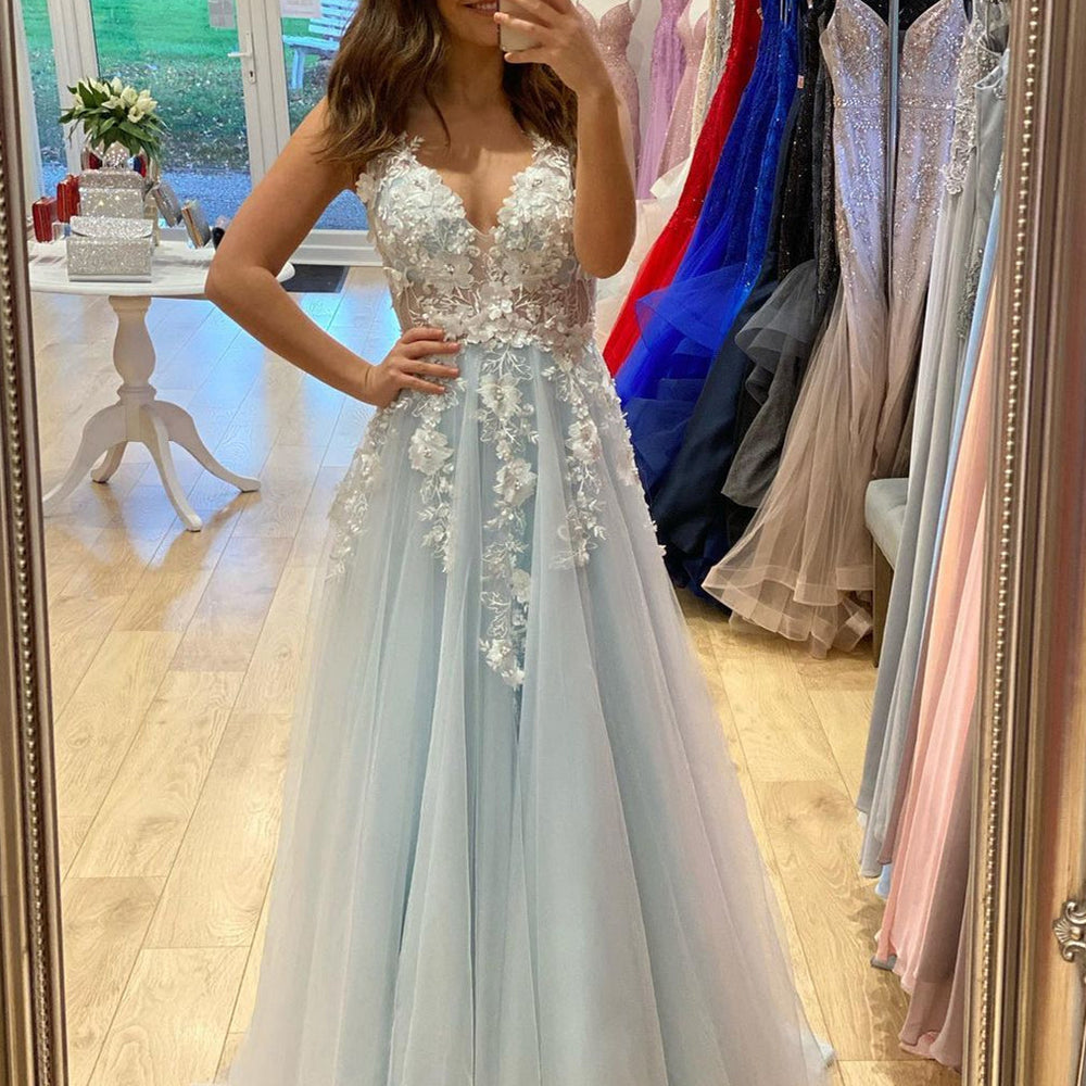 
                      
                        A Line V Neck Light Blue Lace Floral Long Prom Dresses, 3D Flowers Light Blue Lace Formal Evening Dresses
                      
                    