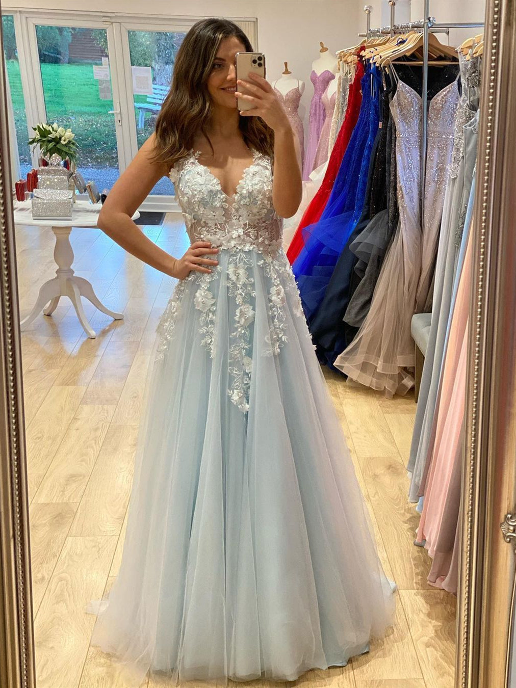 A Line V Neck Light Blue Lace Floral Long Prom Dresses, 3D Flowers Light Blue Lace Formal Evening Dresses