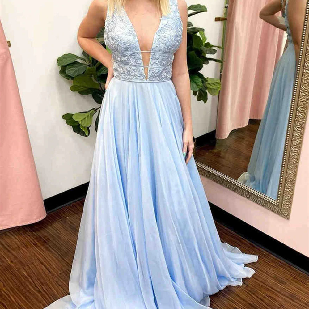 A Line V Neck Light Blue Lace Long Prom Dresses, Light Blue Lace Formal Graduation Evening Dresses 