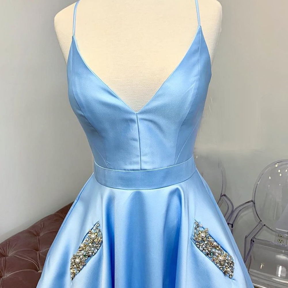 
                      
                        A Line V Neck Light Blue Satin Long Prom Dresses with Pocket, V Neck Light Blue Formal Evening Dresses
                      
                    