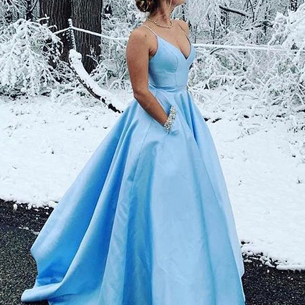 
                      
                        A Line V Neck Light Blue Satin Long Prom Dresses with Pocket, V Neck Light Blue Formal Evening Dresses
                      
                    