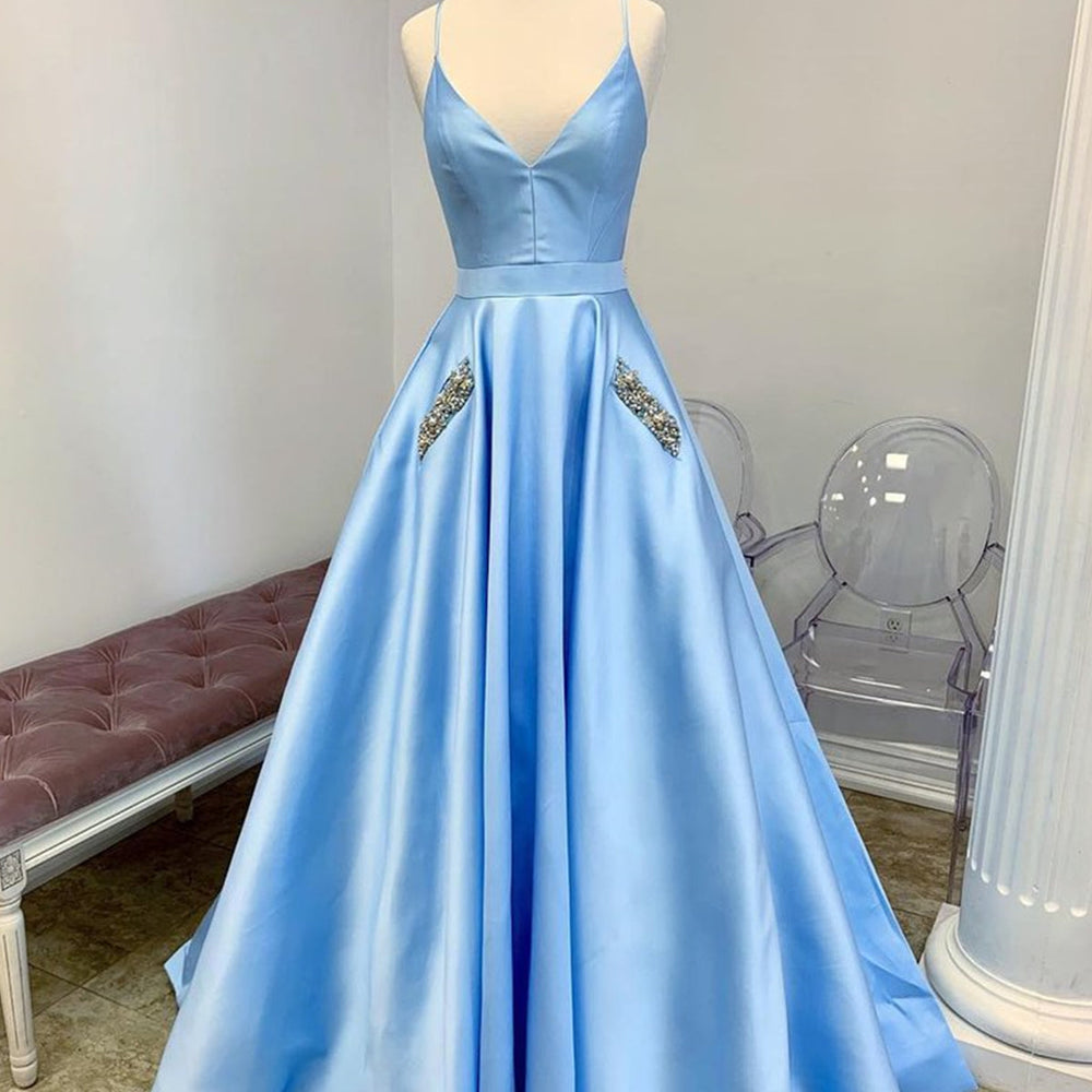 
                      
                        A Line V Neck Light Blue Satin Long Prom Dresses with Pocket, V Neck Light Blue Formal Evening Dresses
                      
                    