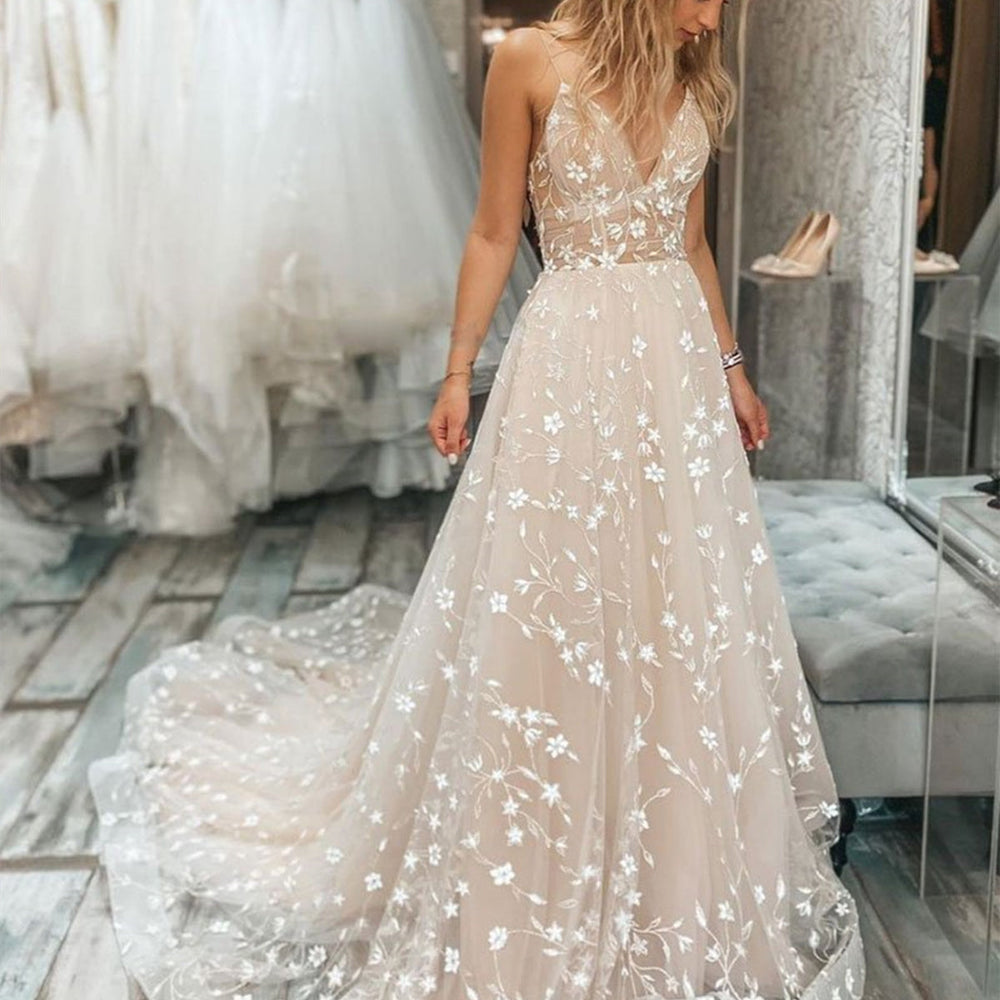 A Line V Neck Light Champagne Lace Floral Long Prom Dresses, Champagne Lace Formal Graduation Evening Dresses 