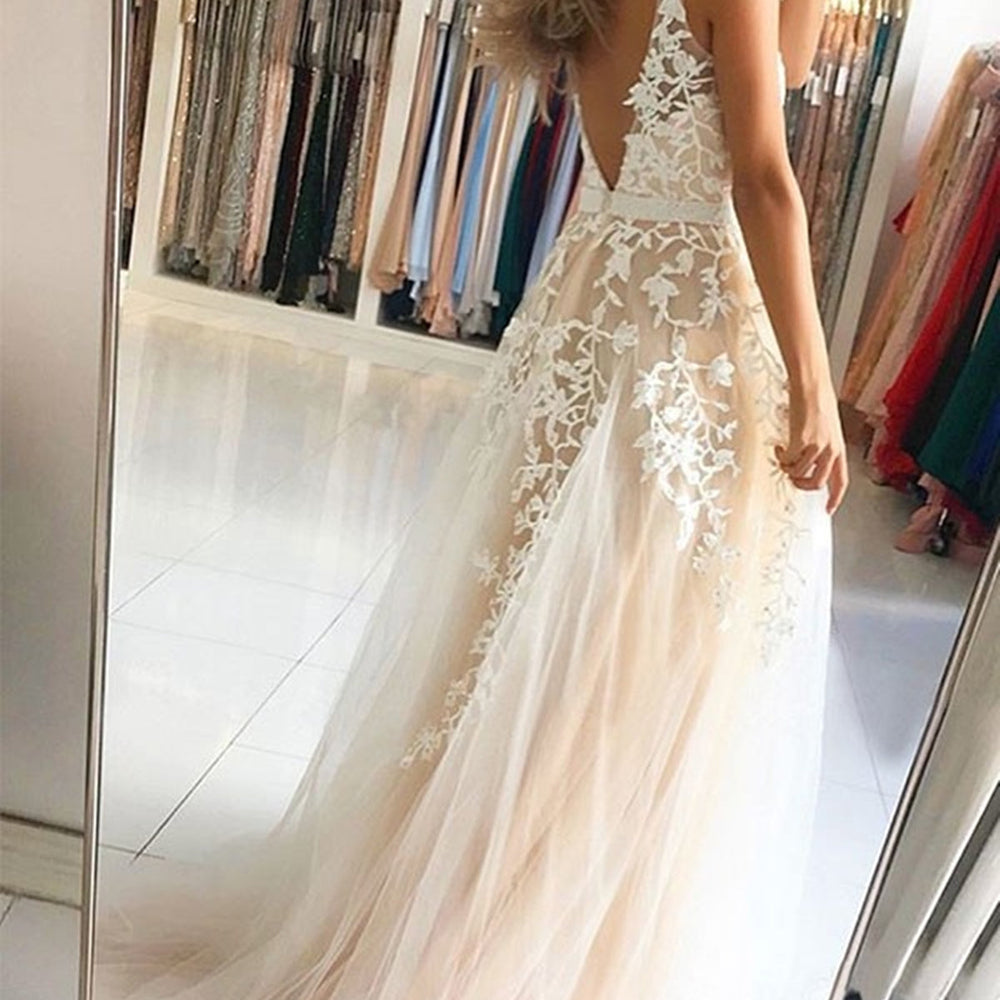 
                      
                        A Line V Neck Light Champagne Lace Long Prom Dresses, Open Back Light Champagne Lace Formal Evening Dresses 
                      
                    