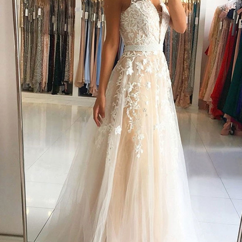 A Line V Neck Light Champagne Lace Long Prom Dresses, Open Back Light Champagne Lace Formal Evening Dresses 