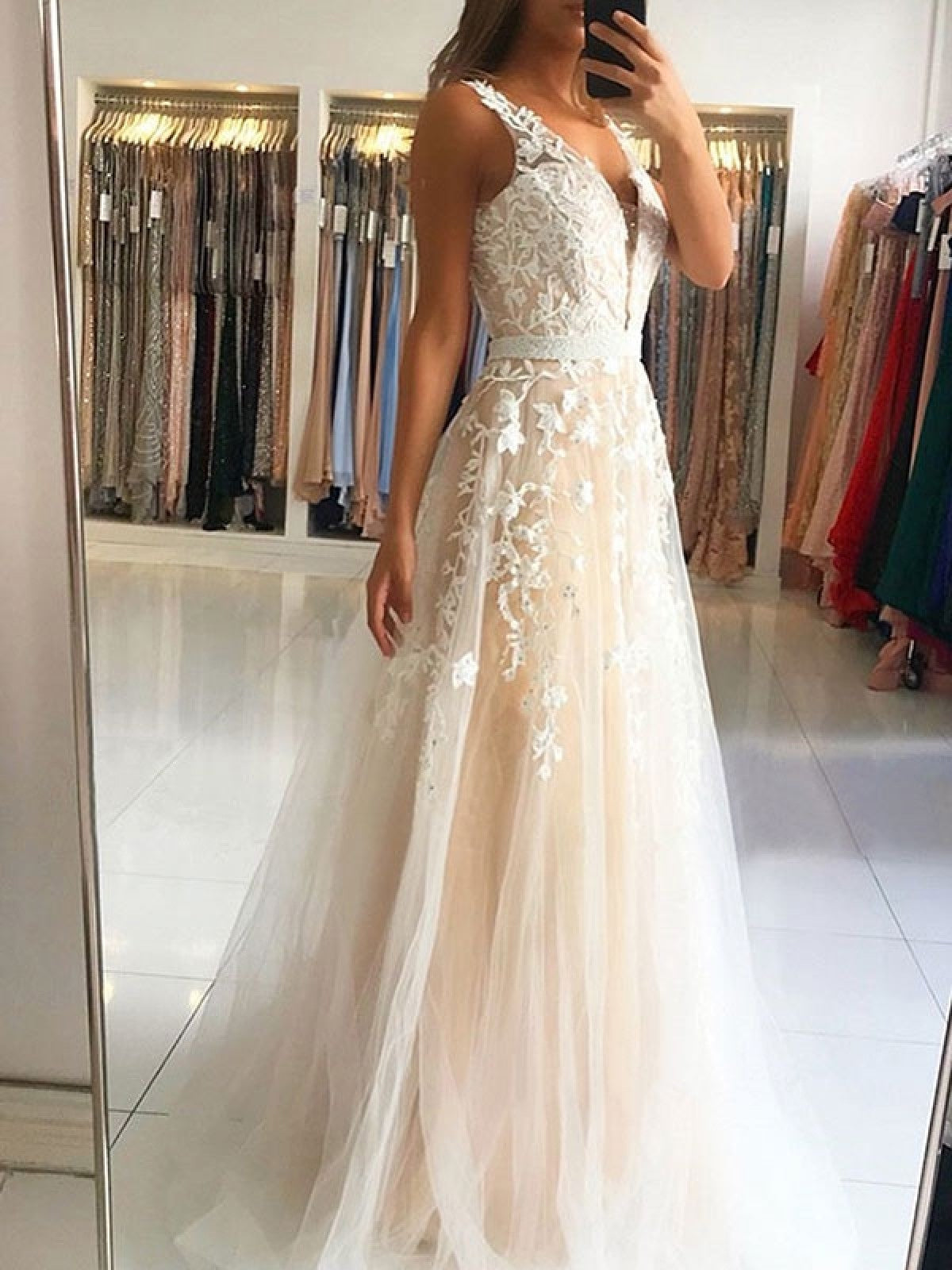 A Line V Neck Light Champagne Lace Long Prom Dresses, Open Back Light Champagne Lace Formal Evening Dresses 