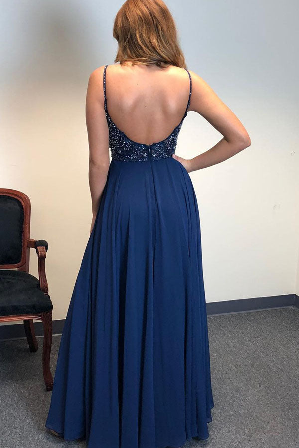 
                      
                        A Line V Neck Navy Blue Chiffon Long Prom Dress Backless Party Dress
                      
                    