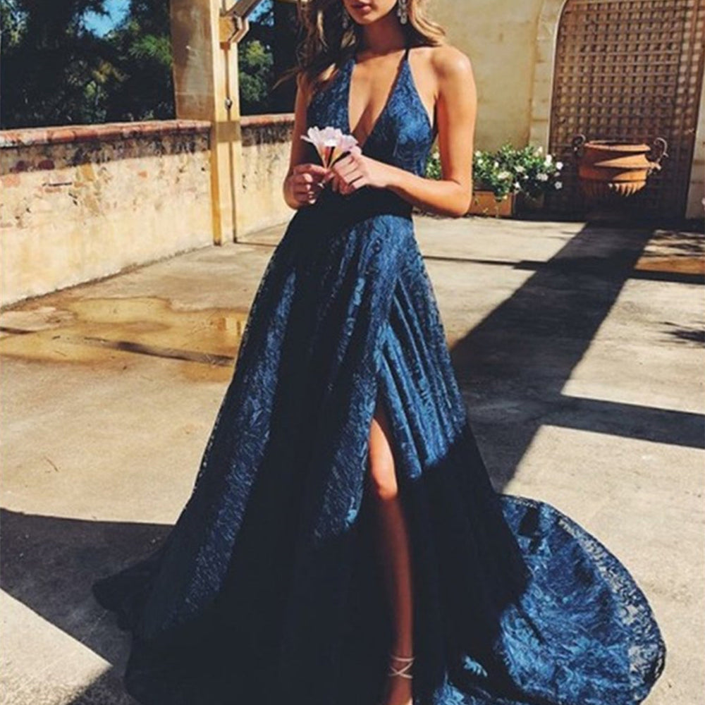 A Line V Neck Navy Blue Lace Long Prom Dresses with High Slit, Navy Blue Lace Formal Graduation Evening Dresses 