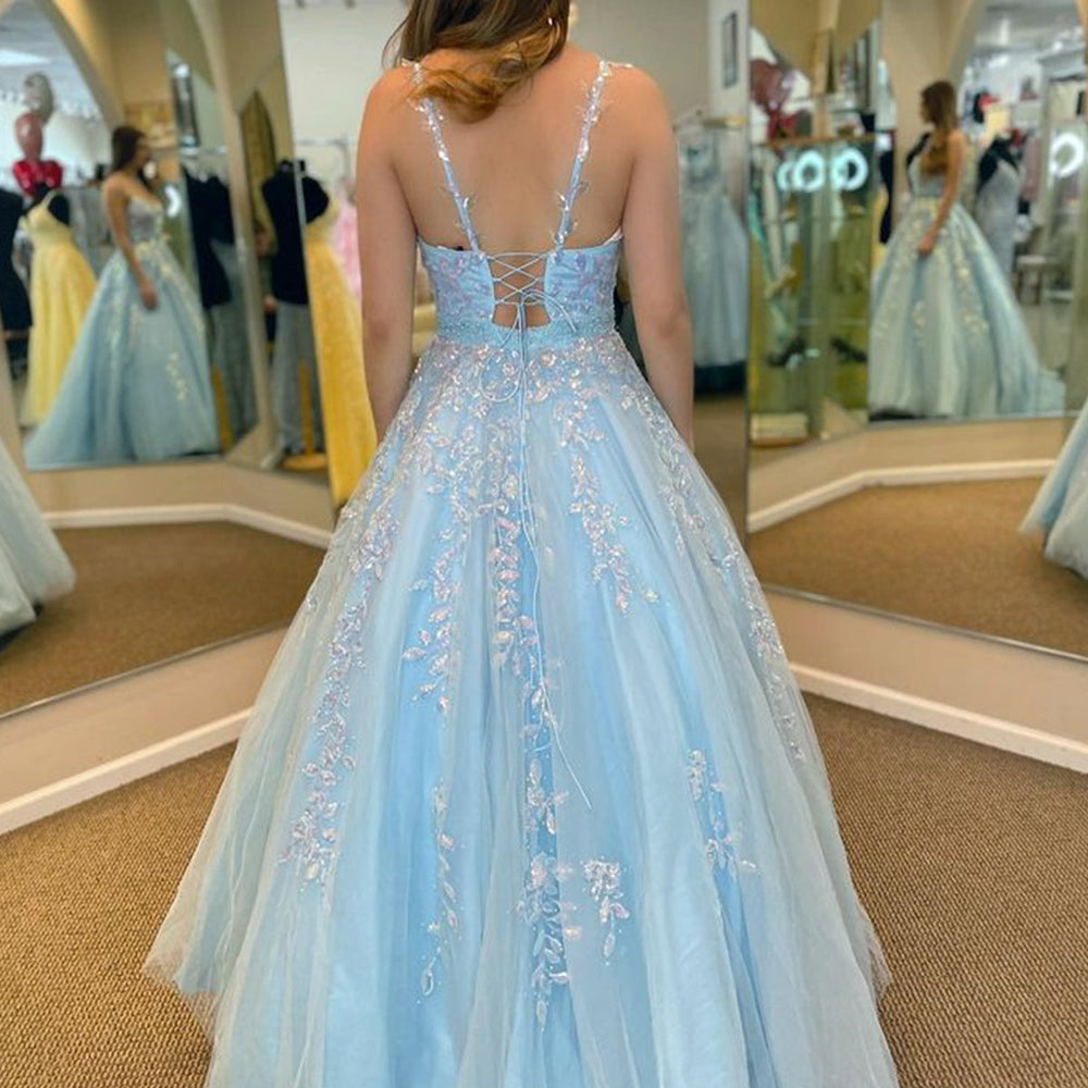 
                      
                        A Line V Neck Open Back Beaded Blue Lace Long Prom Dresses with Belt, Blue Lace Formal Dresses, Beaded Blue Evening Dresses 
                      
                    