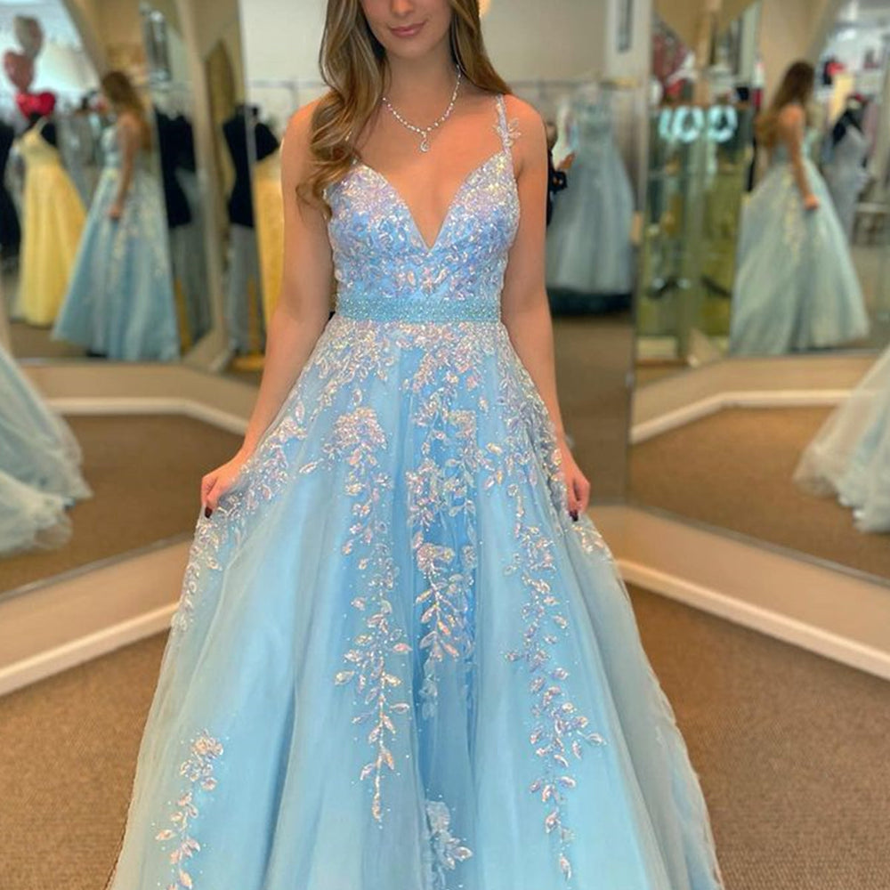 
                      
                        A Line V Neck Open Back Beaded Blue Lace Long Prom Dresses with Belt, Blue Lace Formal Dresses, Beaded Blue Evening Dresses 
                      
                    