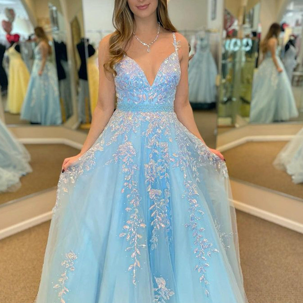 
                      
                        A Line V Neck Open Back Beaded Blue Lace Long Prom Dresses with Belt, Blue Lace Formal Dresses, Beaded Blue Evening Dresses 
                      
                    