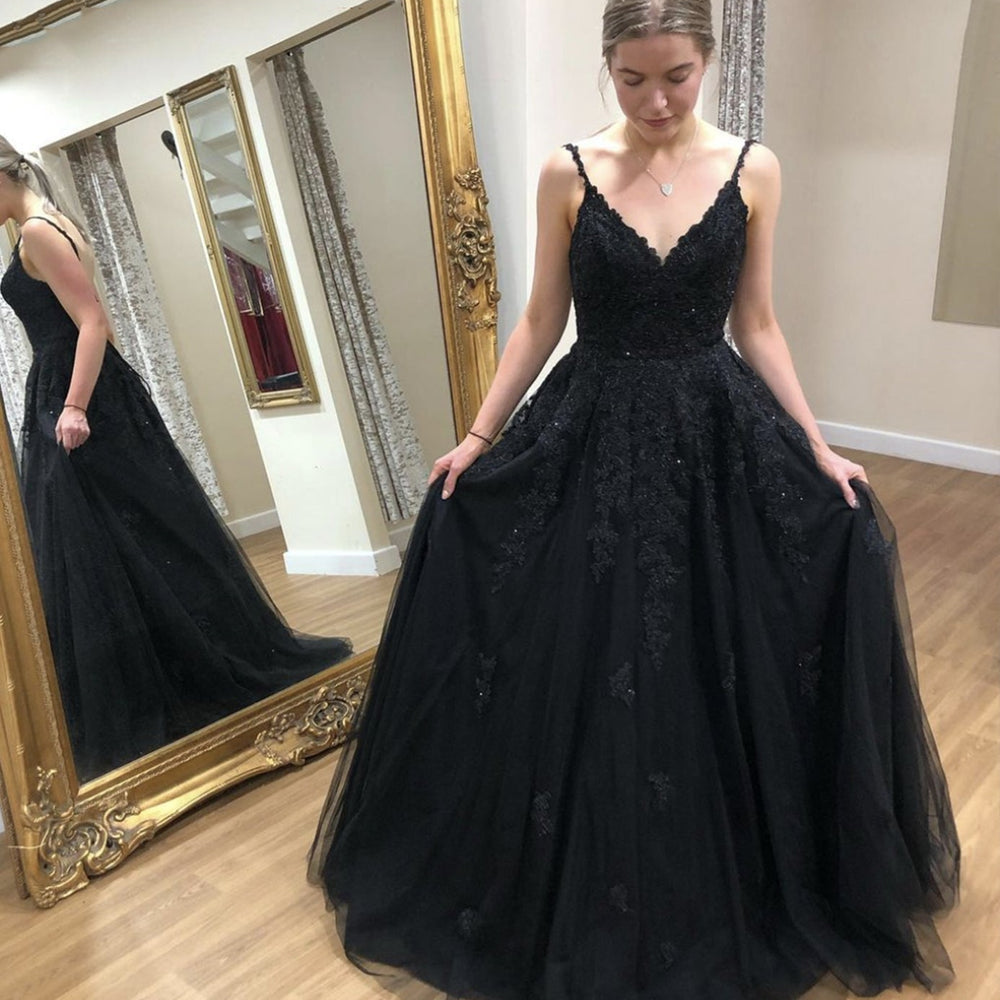 
                      
                        A Line V Neck Open Back Black Lace Long Prom Dresses, Black Lace Formal Dresses, Black Evening Dresses 
                      
                    