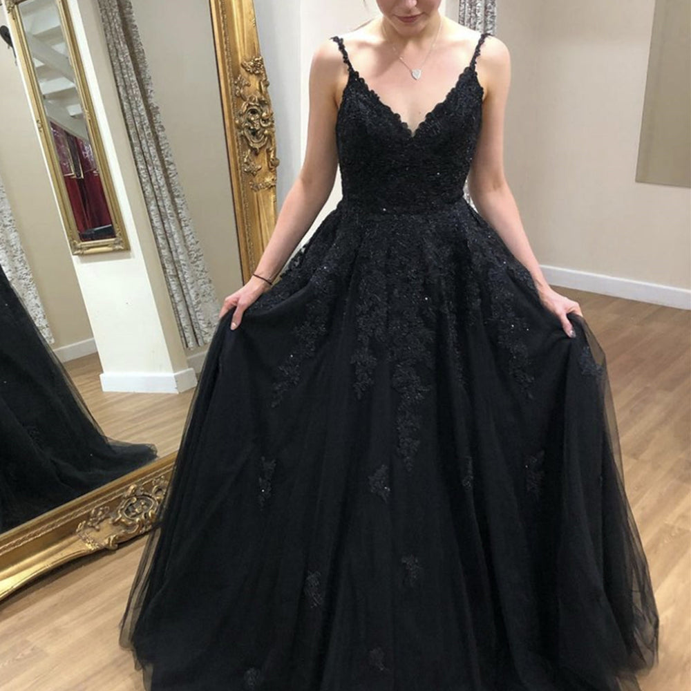 
                      
                        A Line V Neck Open Back Black Lace Long Prom Dresses, Black Lace Formal Dresses, Black Evening Dresses 
                      
                    