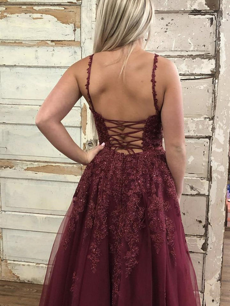 
                      
                        A Line V Neck Open Back Burgundy Lace Long Prom Dresses, Backless Burgundy Formal Dresses, Burgundy Lace Evening Dresses
                      
                    