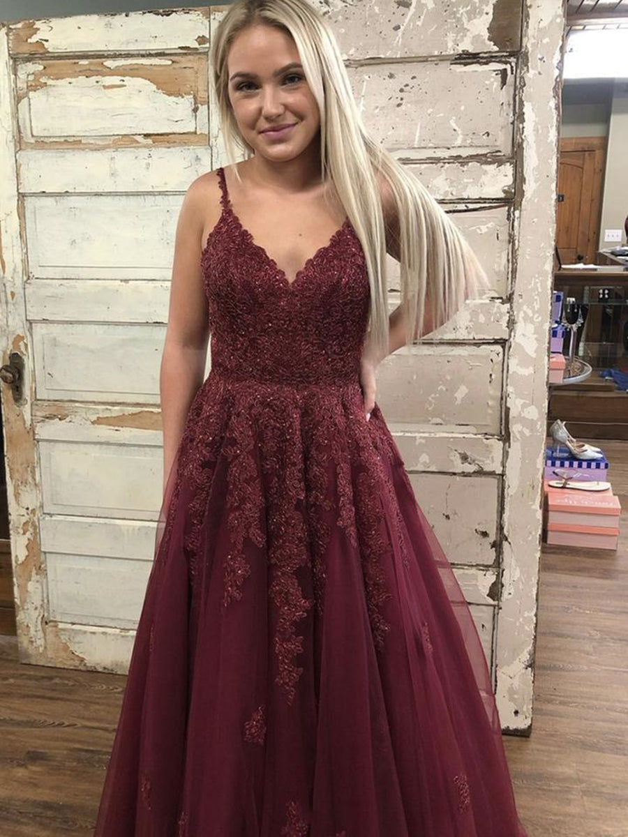 A Line V Neck Open Back Burgundy Lace Long Prom Dresses, Backless Burgundy Formal Dresses, Burgundy Lace Evening Dresses