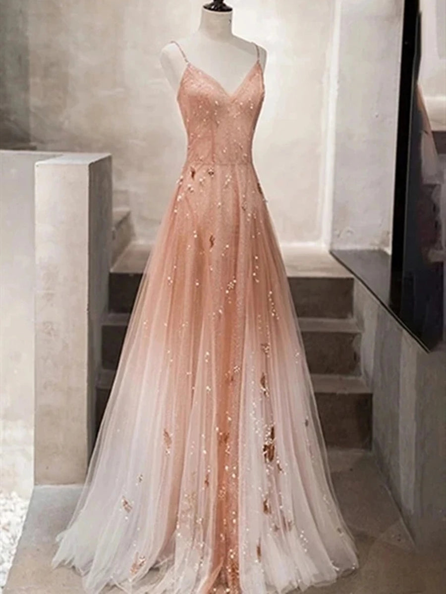 A Line V Neck Open Back Champagne Tulle Beaded Long Prom Dresses, V Neck Champagne Formal Graduation Evening Dresses