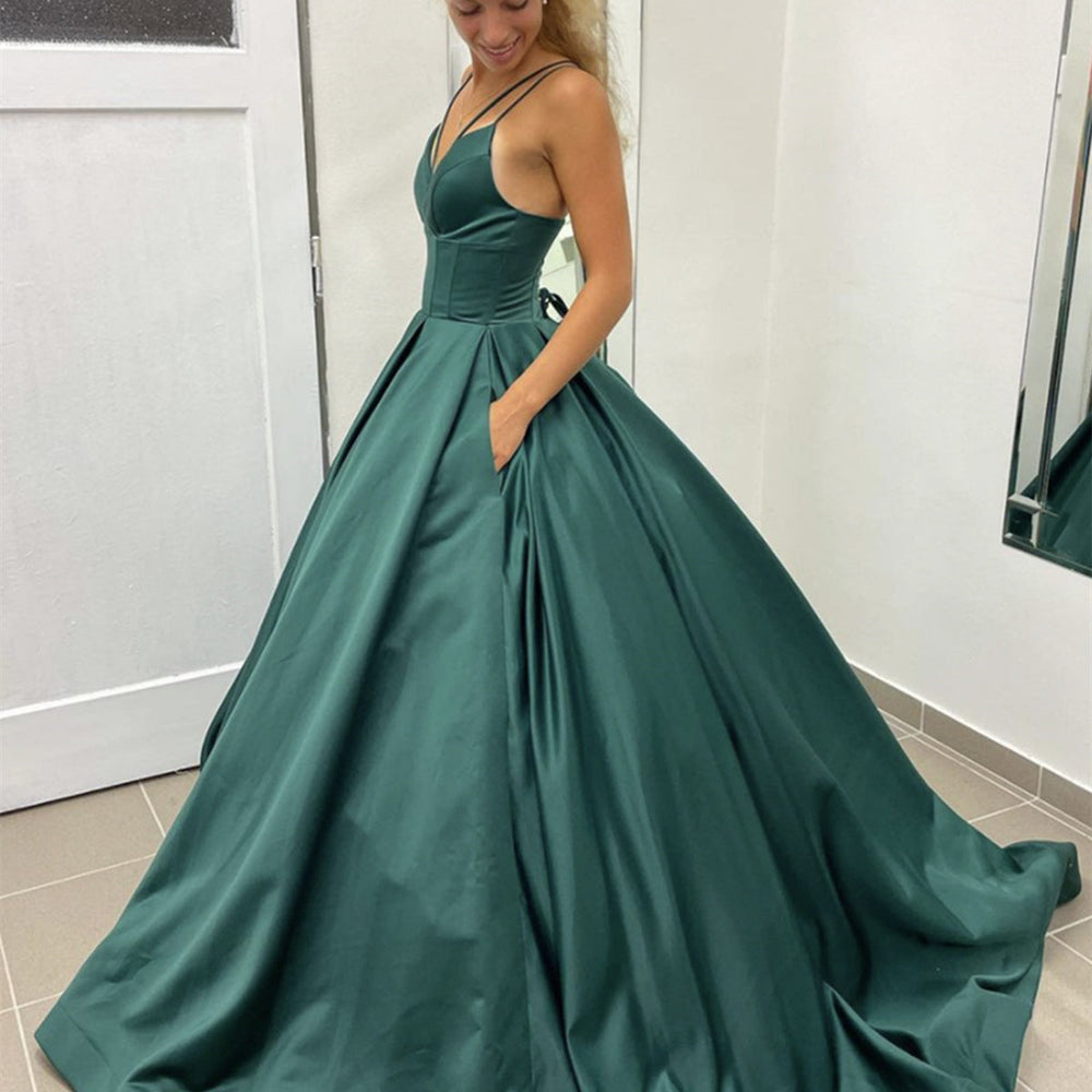 
                      
                        A Line V Neck Open Back Green Long Prom Dresses, Open Back Green Formal Graduation Evening Dresses 
                      
                    