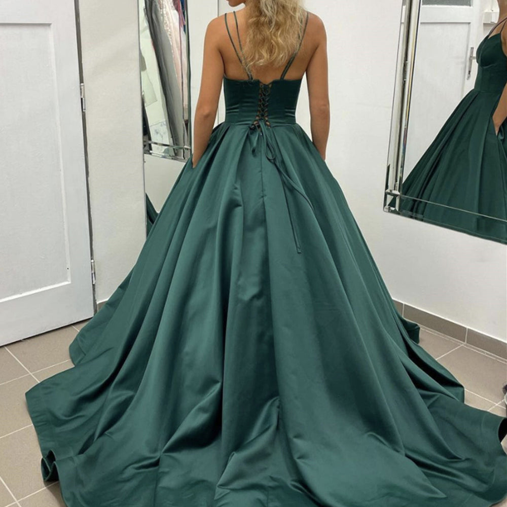 
                      
                        A Line V Neck Open Back Green Long Prom Dresses, Open Back Green Formal Graduation Evening Dresses 
                      
                    