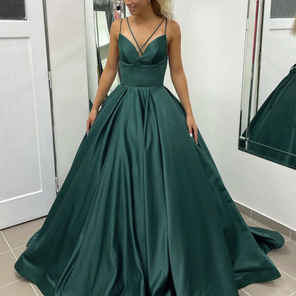 A Line V Neck Open Back Green Long Prom Dresses, Open Back Green Formal Graduation Evening Dresses 