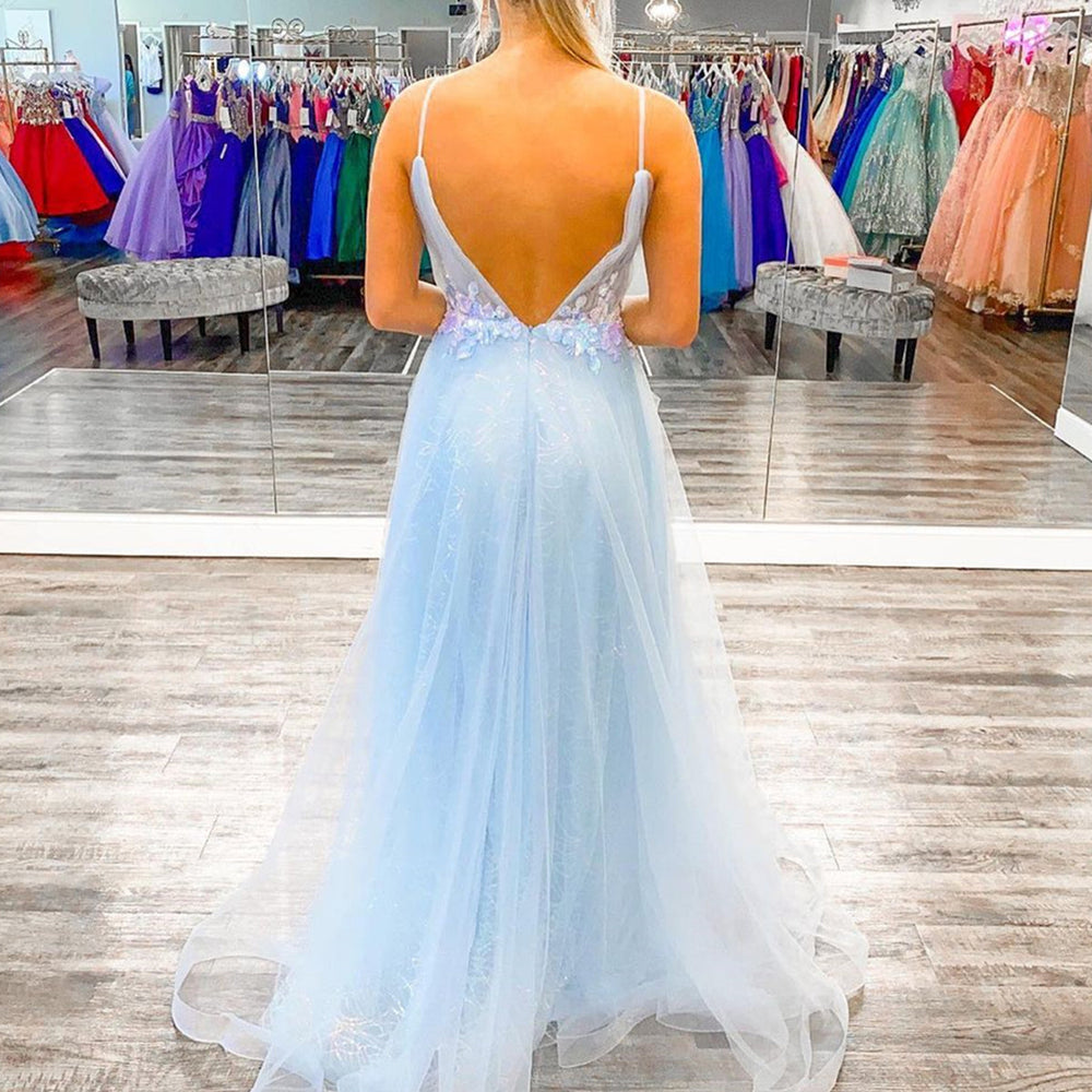 
                      
                        A Line V Neck Open Back Light Blue Long Prom Dresses with Lace Flowers, Light Blue Lace Floral Formal Graduation Evening Dresses 
                      
                    