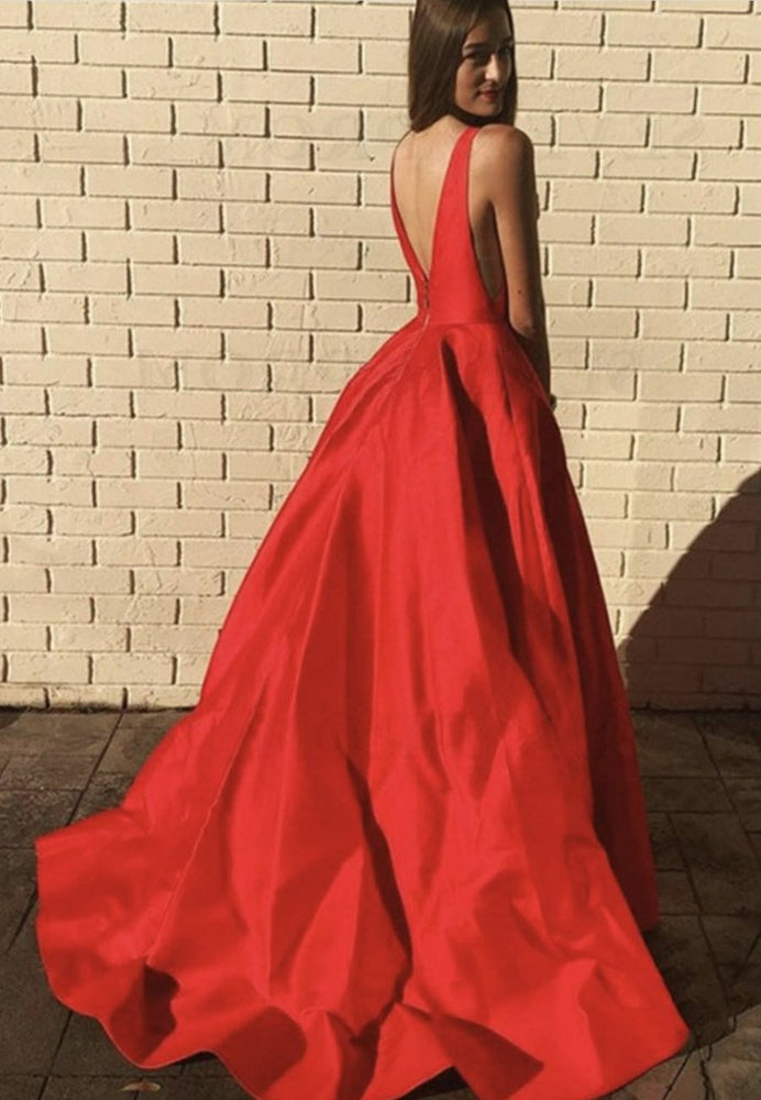 
                      
                        A Line V Neck Open Back Red Long Prom Dresses with Pocket, Backless Red Formal Graduation Evening Dresses
                      
                    