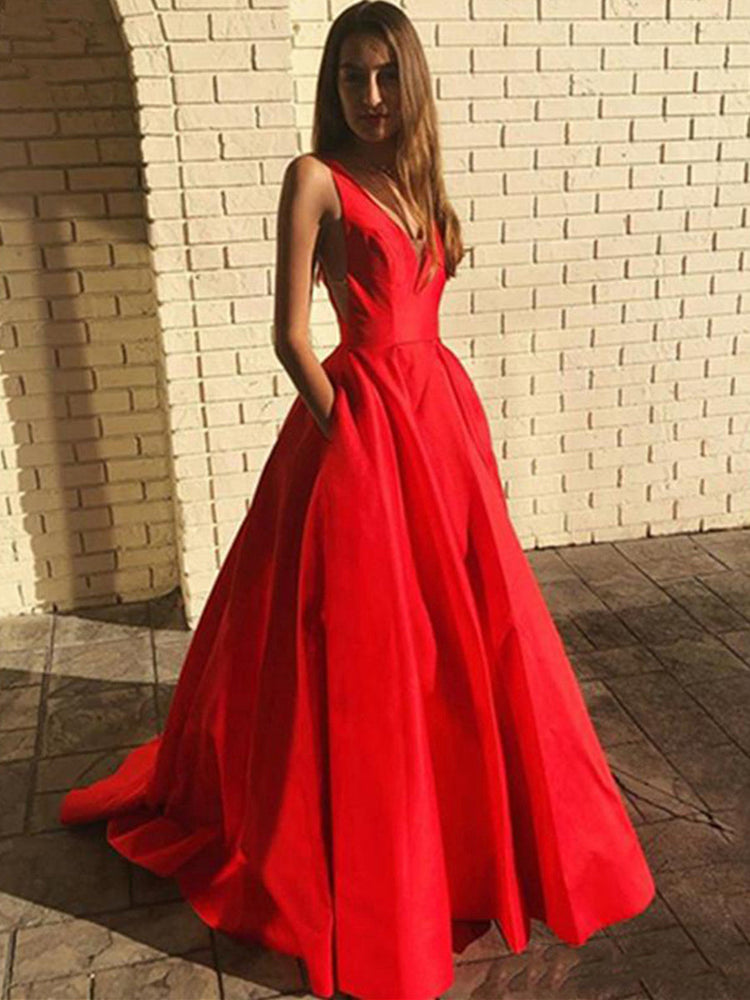 A Line V Neck Open Back Red Long Prom Dresses with Pocket, Backless Red Formal Graduation Evening Dresses