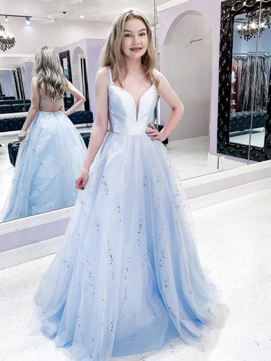 A Line V Neck Open Back Sequins Light Blue Long Prom Dresses, Light Blue Formal Graduation Evening Dresses