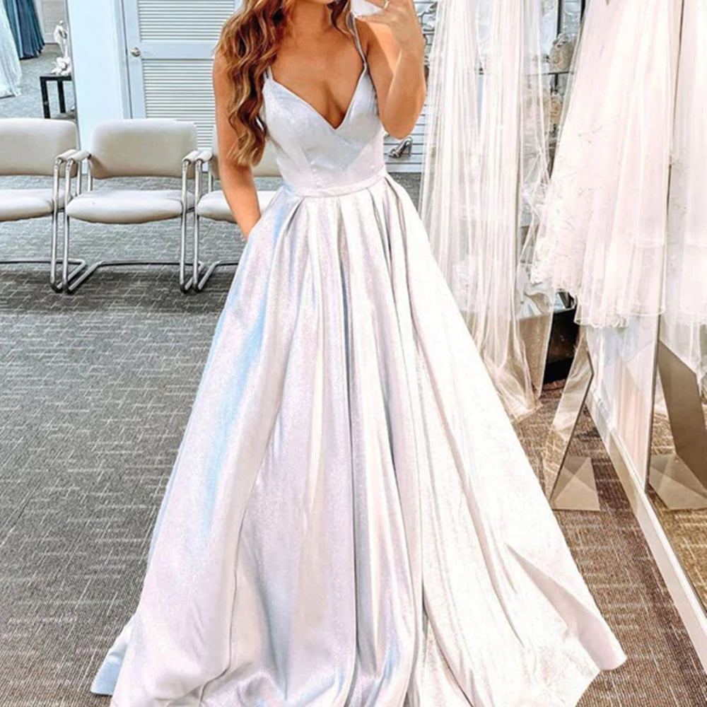 
                      
                        A Line V Neck Open Back Silver Long Prom Dresses, V Neck Silver Formal Graduation Evening Dresses 
                      
                    