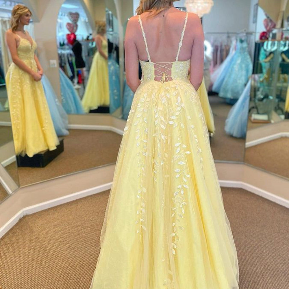 
                      
                        A Line V Neck Open Back Yellow Lace Tulle Long Prom Dresses with Appliques, Yellow Lace Formal Graduation Evening Dresses 
                      
                    