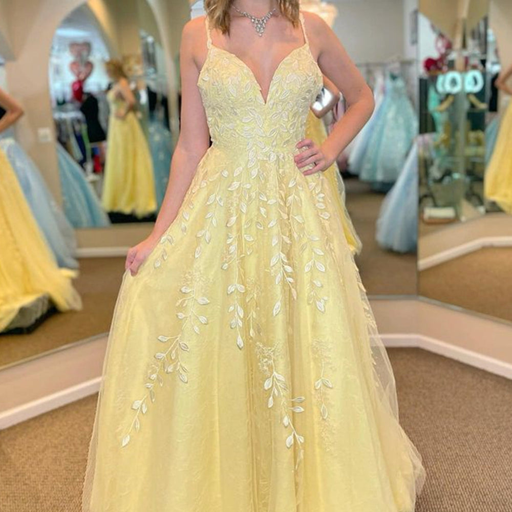 A Line V Neck Open Back Yellow Lace Tulle Long Prom Dresses with Appliques, Yellow Lace Formal Graduation Evening Dresses 