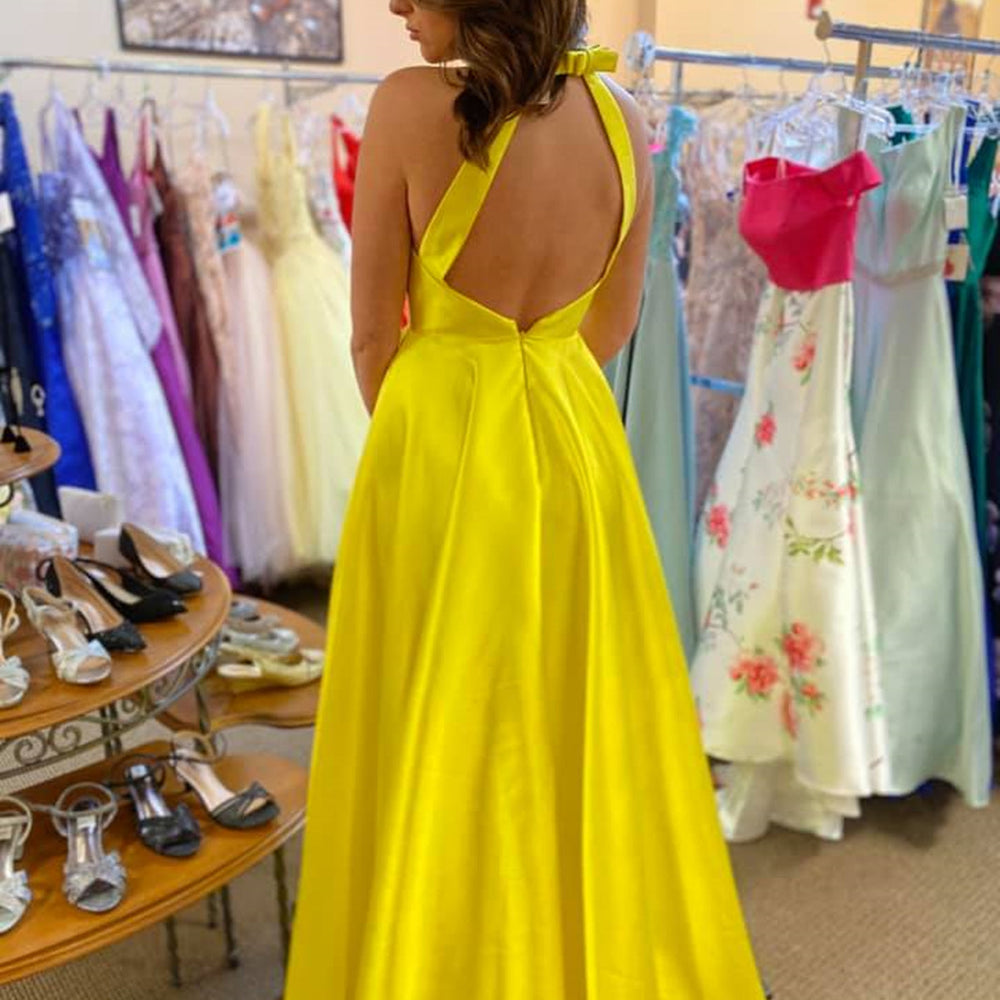 
                      
                        A Line V Neck Open Back Yellow Satin Long Prom Dresses with Slit, V Neck Yellow Formal Graduation Evening Dresses 
                      
                    