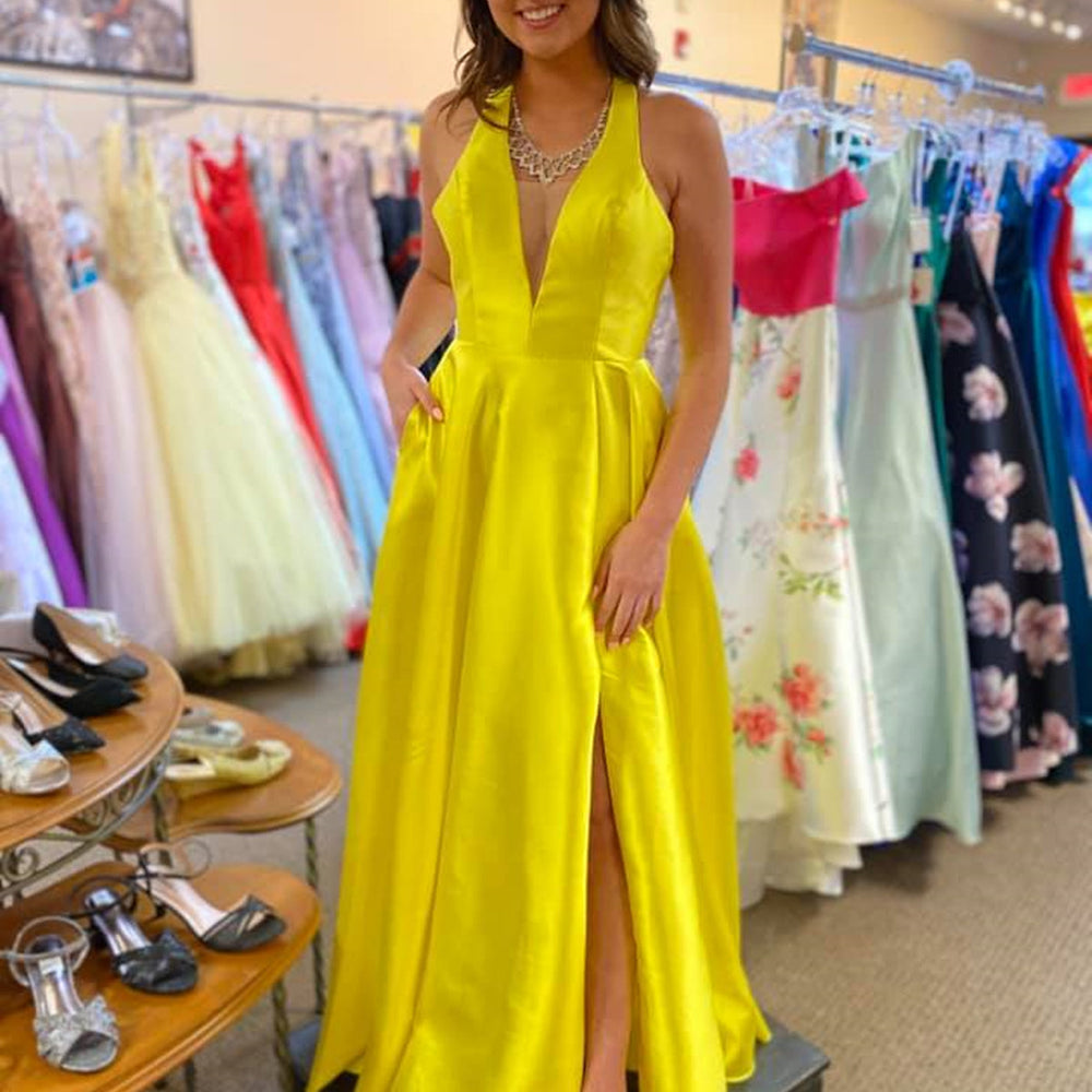 
                      
                        A Line V Neck Open Back Yellow Satin Long Prom Dresses with Slit, V Neck Yellow Formal Graduation Evening Dresses 
                      
                    