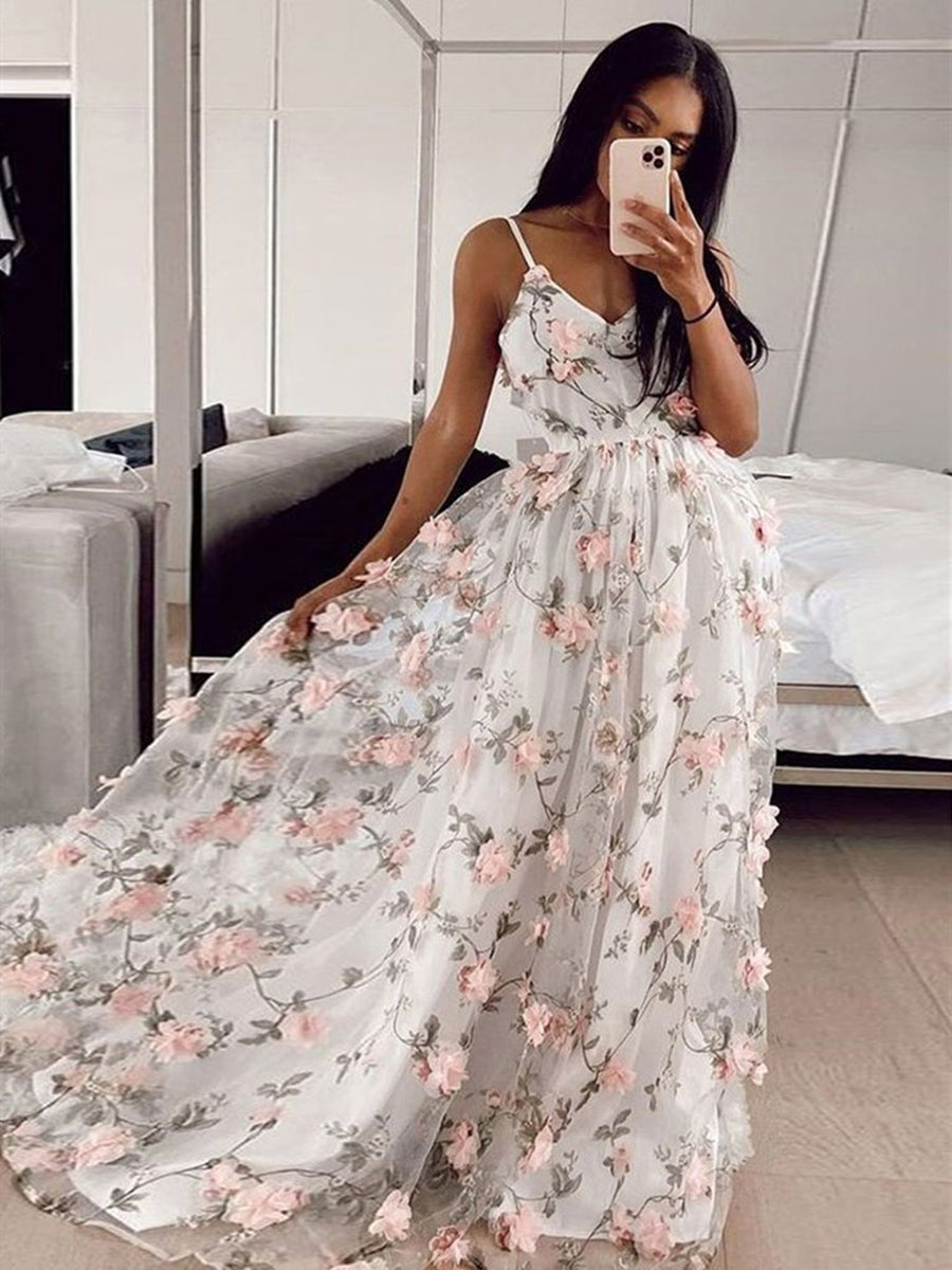 A Line V Neck Pink 3D Flowers White Long Prom Dresses, Pink 3D Flowers Formal Graduation Evening Dresses