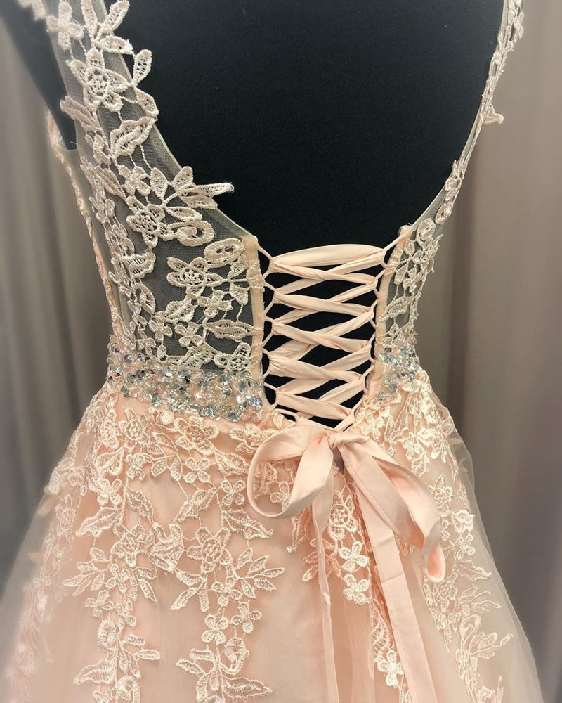 
                      
                        A Line V Neck Pink Lace Long Prom Dresses 2020 with Belt, Pink Lace Formal Graduation Evening Dresses
                      
                    