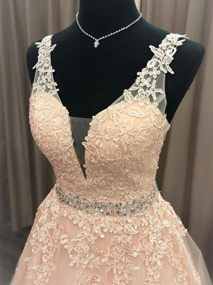 
                      
                        A Line V Neck Pink Lace Long Prom Dresses 2020 with Belt, Pink Lace Formal Graduation Evening Dresses
                      
                    