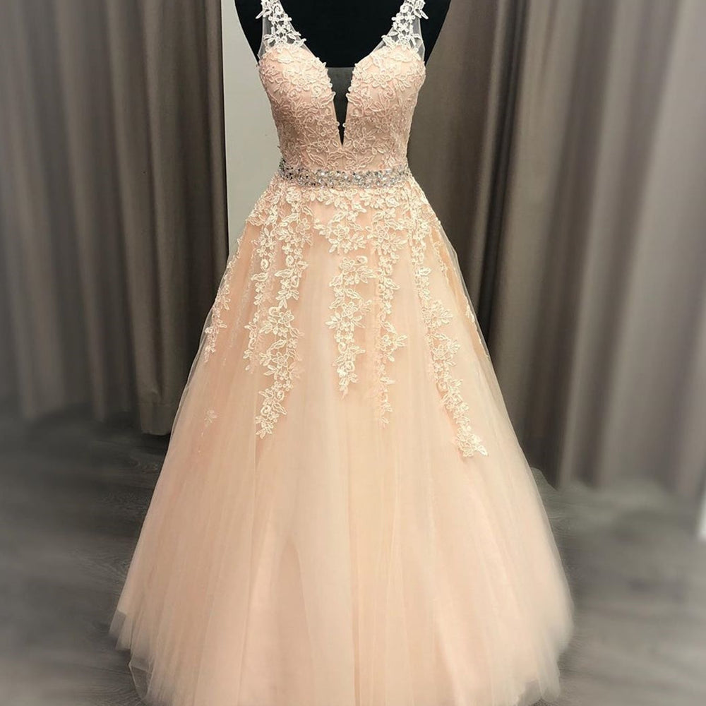 A Line V Neck Pink Lace Long Prom Dresses 2020 with Belt, Pink Lace Formal Graduation Evening Dresses