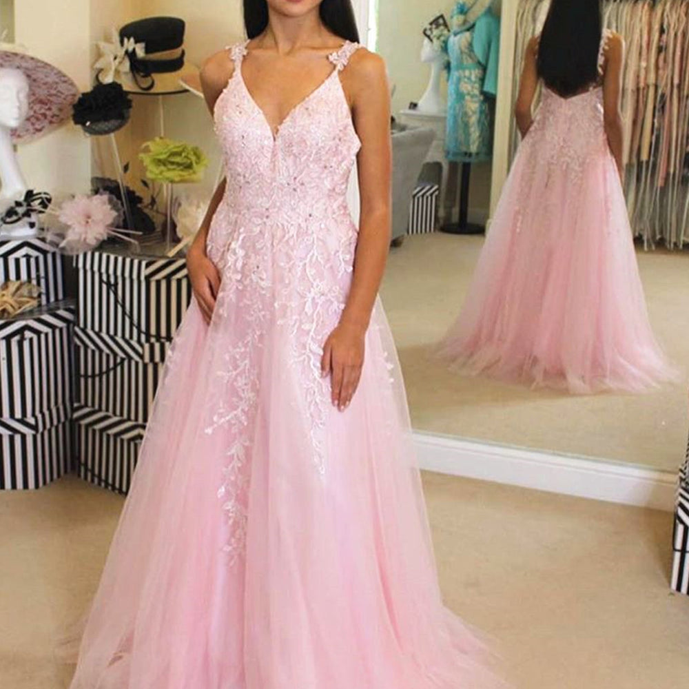 A Line V Neck Pink Lace Long Prom Dresses, Pink Lace Formal Dresses, Pink Evening Dresses 