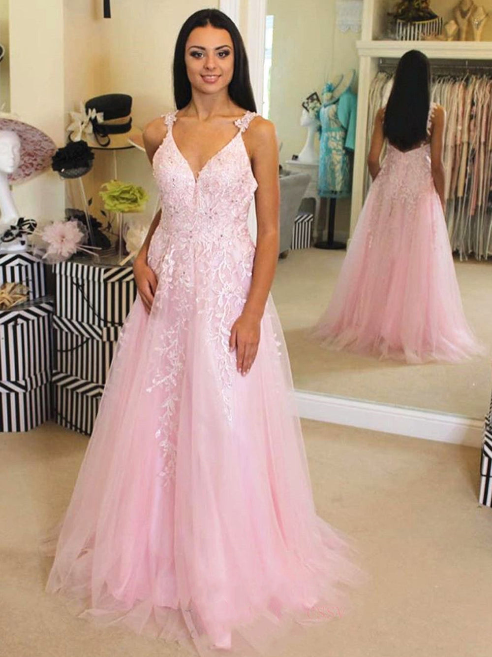 A Line V Neck Pink Lace Long Prom Dresses, Pink Lace Formal Dresses, Pink Evening Dresses 