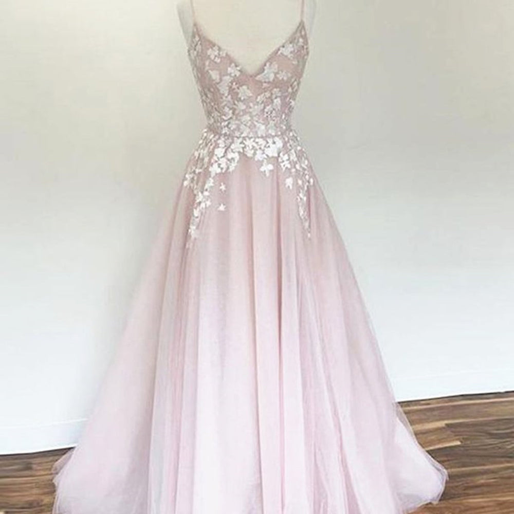 A Line V Neck Pink Lace Long Prom Dresses, Pink Long Lace Floral Formal Evening Dresses