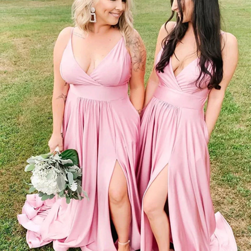 A Line V Neck Pink Long Prom Dresses with High Slit, V Neck Pink Formal Graduation Bridesmaid Dresses, Pink Evening Dresses 