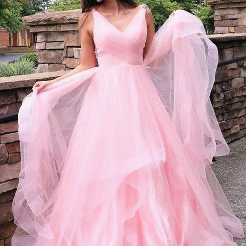 A Line V Neck Pink Long Prom Dresses, V Neck Pink Formal Graduation Dresses