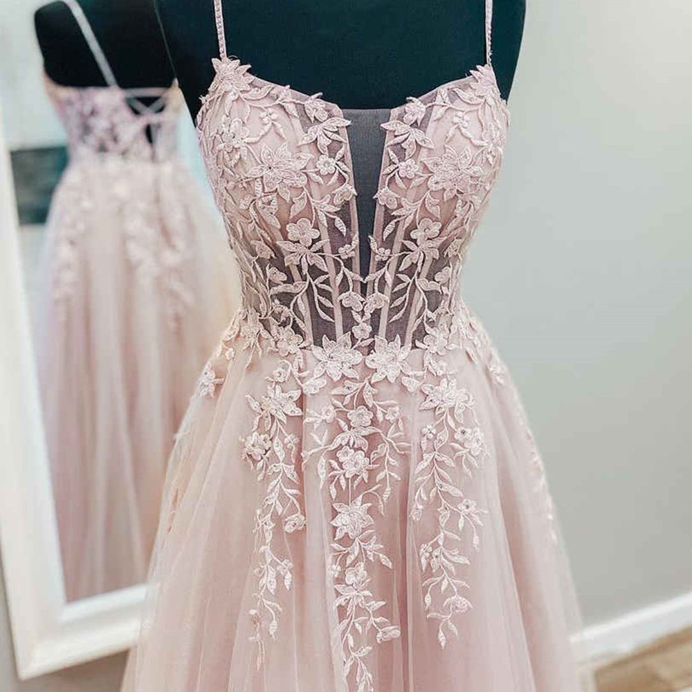 A Line V Neck Pink Tulle Lace Long Prom Dresses, Open Back Pink Formal Dresses, Pink Lace Evening Dresses 