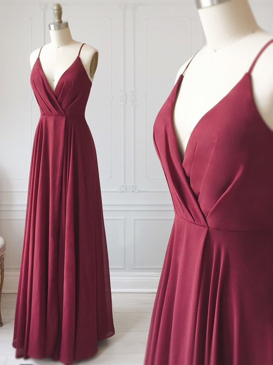 A Line V Neck Pleated Burgundy Long Prom Dresses, Floor Length Burgundy Formal Evening Graduation Dresses