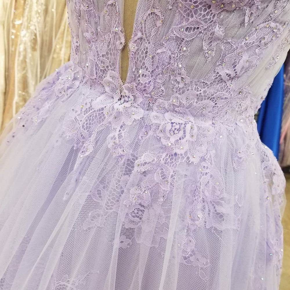 
                      
                        A Line V Neck Purple Lace Long Prom Dresses, Lilac Lace Long Formal Evening Dresses
                      
                    