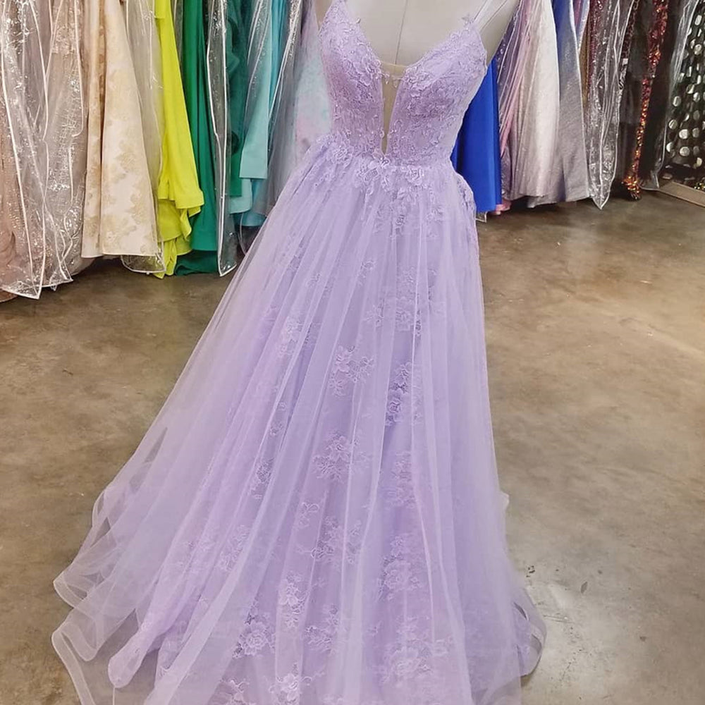 
                      
                        A Line V Neck Purple Lace Long Prom Dresses, Lilac Lace Long Formal Evening Dresses
                      
                    