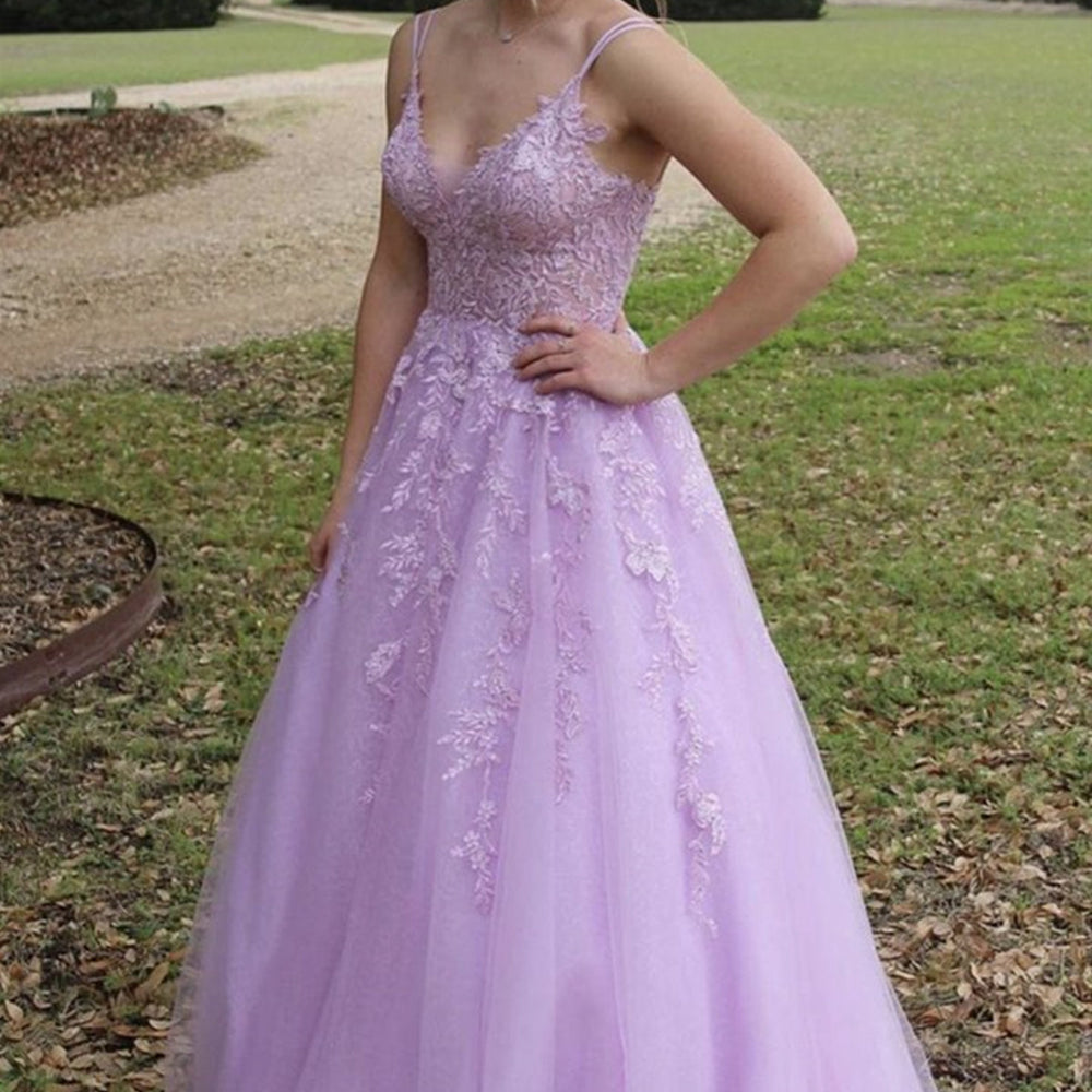 A Line V Neck Purple Lace Long Prom Dresses, Purple Lace Formal Dresses, Purple Evening Dresses