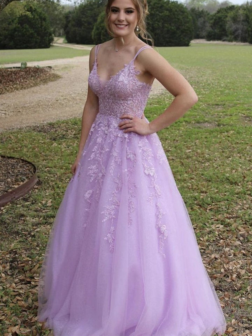 A Line V Neck Purple Lace Long Prom Dresses, Purple Lace Formal Dresses, Purple Evening Dresses