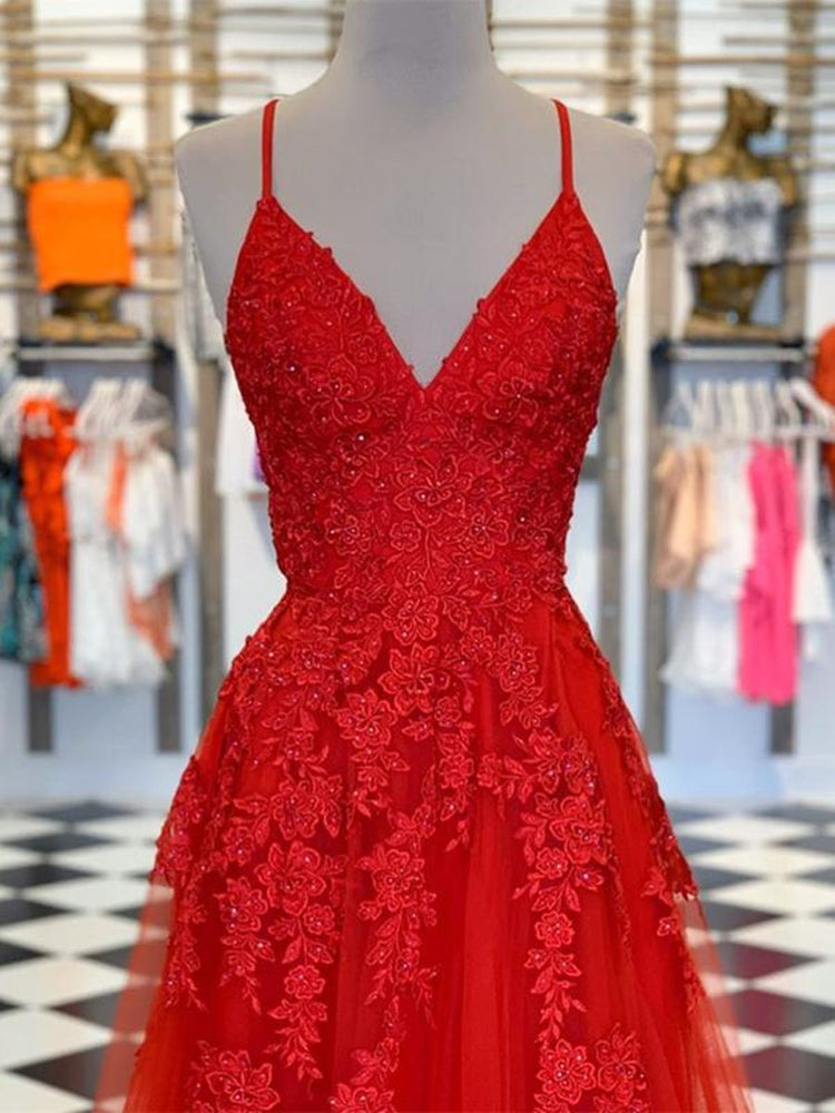 
                      
                        A Line V Neck Red Lace Long Prom Dresses, V Neck Red Formal Dresses, Red Lace Evening Dresses
                      
                    