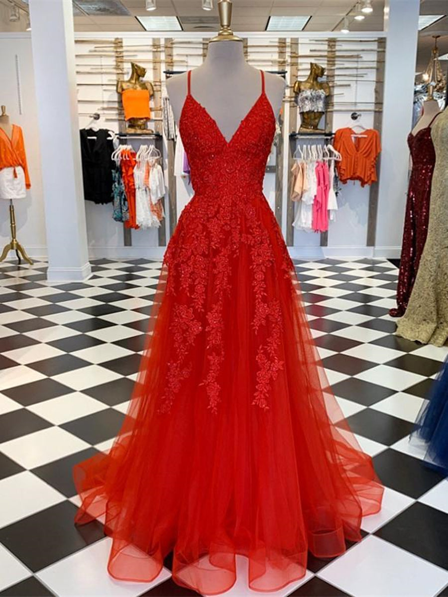 A Line V Neck Red Lace Long Prom Dresses, V Neck Red Formal Dresses, Red Lace Evening Dresses